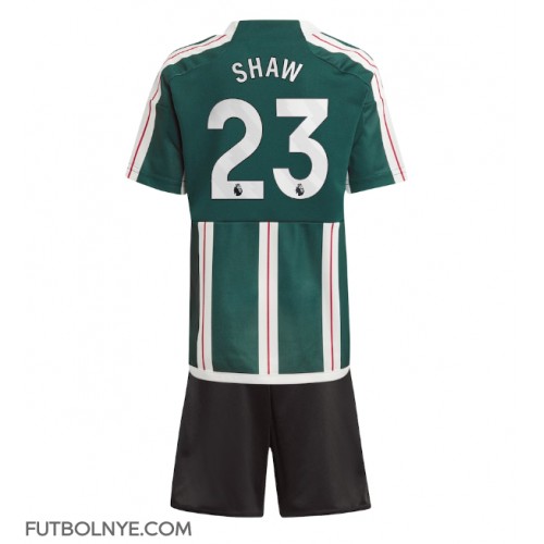 Camiseta Manchester United Luke Shaw #23 Visitante Equipación para niños 2023-24 manga corta (+ pantalones cortos)